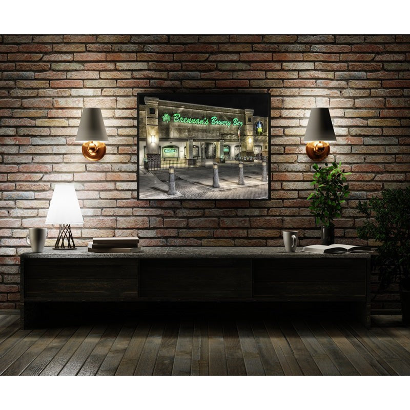 Framed Brennan's Bowery Bar - Buffalo NY Pub wall art displayed in a modern living room, ideal for nostalgic Buffalo-themed home decor.