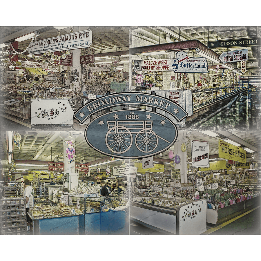 Broadway Market historic collage featuring vintage Buffalo market booths like Malczewski Poultry and Butter Lamb. A nostalgic Buffalo photo print.