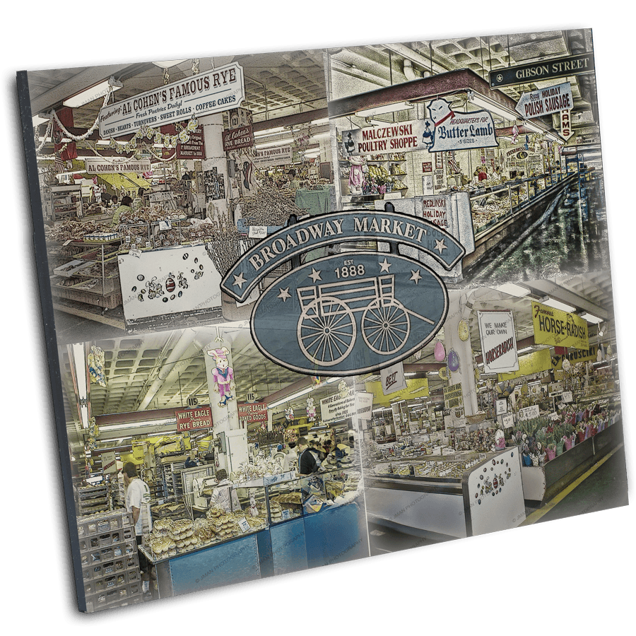 Angled view of Broadway Market | Buffalo Photos | Historic Collage print showcasing iconic vendors and signage in a vintage-style artwork.