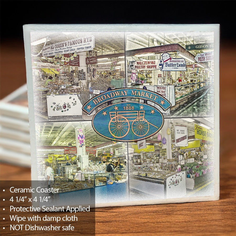 Broadway Market Ceramic Coaster featuring vintage Buffalo market scenes with protective sealant and cork backing for scratch-free use.