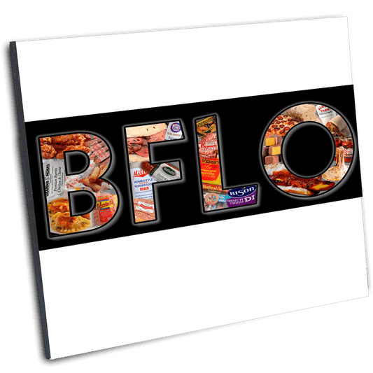 Buffalo Flavor - Buffalo Food Art Print featuring 'BFLO' letters filled with 23 iconic Buffalo foods. Ideal local food artwork for home decor.