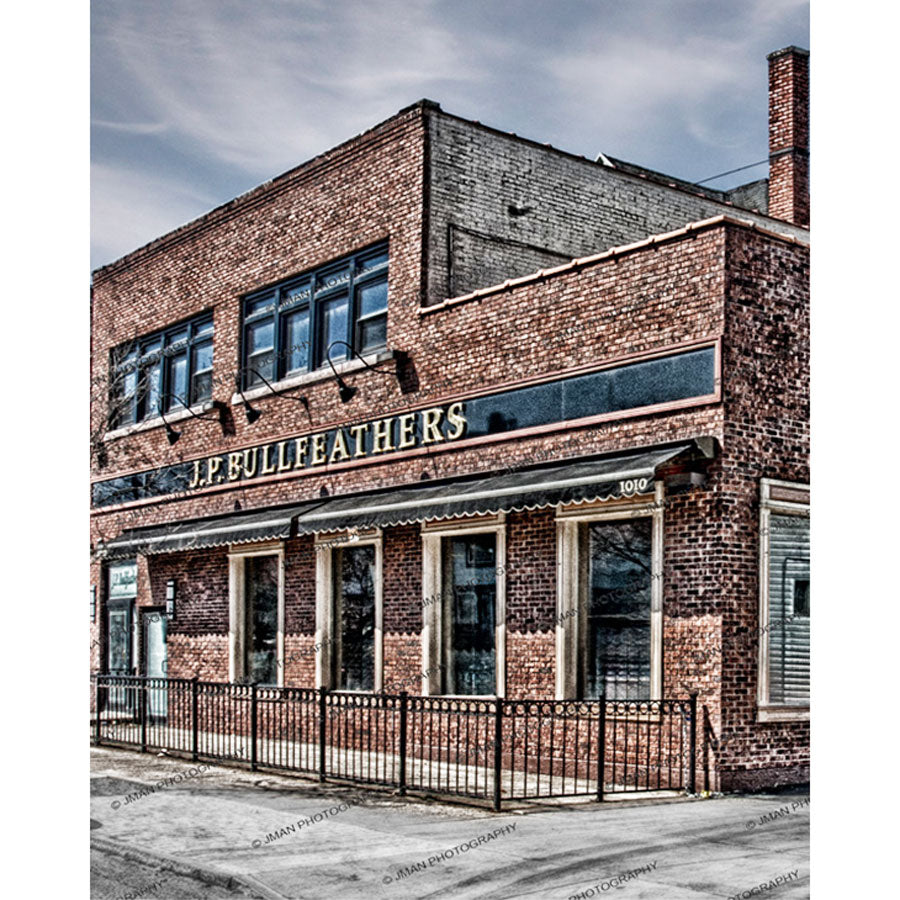J.P. Bullfeathers Photo Print - Elmwood Village | Wall Art featuring a historic brick building in Buffalo NY, ideal for nostalgic home decor.
