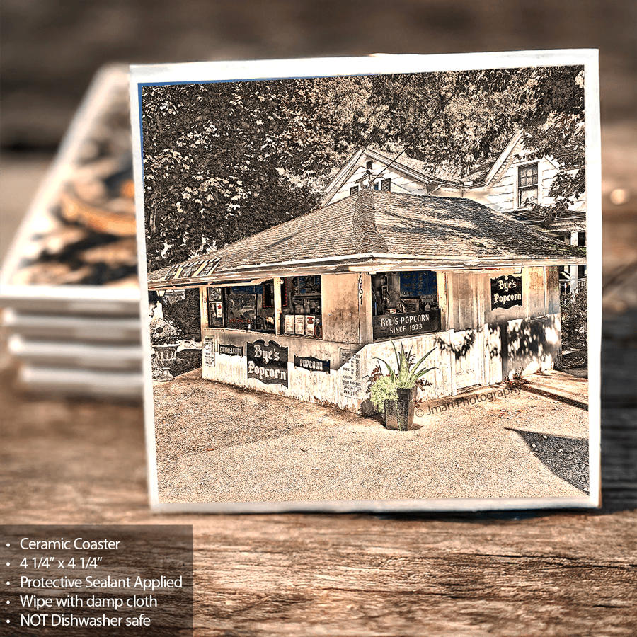 Ceramic Coaster Home Decor - Bye's Popcorn Stand with vintage-style Buffalo landmark photo by Jman Photography, 4.25x4.25 inch with cork back.