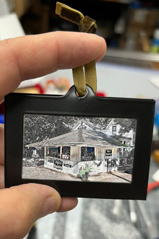 Mini Framed Artwork Ornament - Bill Dziejman's Art featuring a rustic wooden market stand with signage, ideal for holiday tree decor.