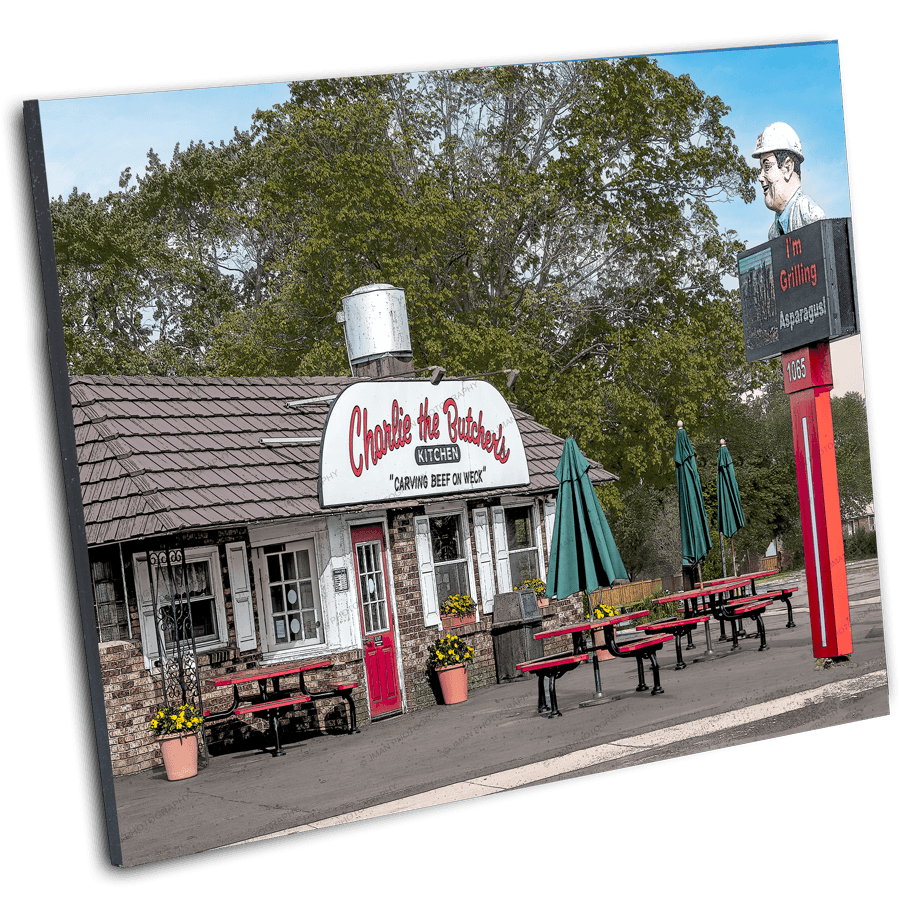 Angled view of Charlie the Butcher - Roast Beef Photography | Wall Art print, showcasing vibrant restaurant scene perfect for Buffalo-themed home decor.