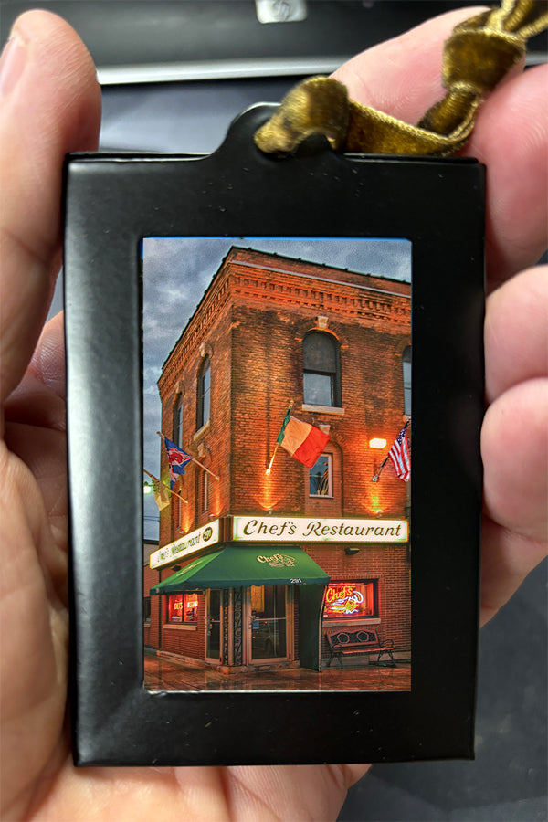 Mini Framed Artwork Ornament - Bill Dziejman's Art featuring Chef's Restaurant in Buffalo, ideal for food and city landmark holiday decor.