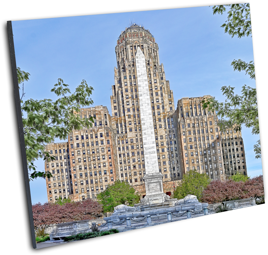 Angled view of City Hall & McKinley Monument - Buffalo City Hall Photography, highlighting historic detail and perfect for nostalgic home decoration.