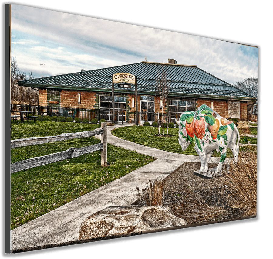 Mounted Clarksburg Cider Lancaster NY photo print by Jman Photo, showcasing cider house and floral buffalo statue in vivid detail.