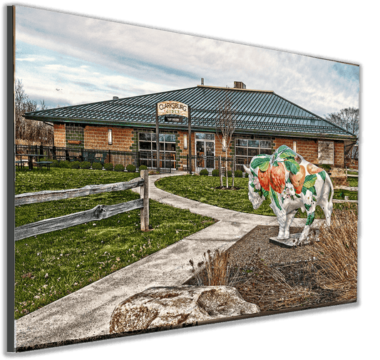 Mounted Clarksburg Cider Lancaster NY photo print by Jman Photo, showcasing cider house and floral buffalo statue in vivid detail.