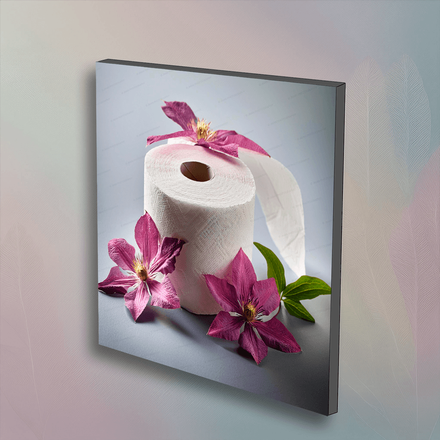 Framed Clematis Toilet Paper - Art Roll with purple clematis flowers on a toilet paper roll. 6x6 inch wall art for bathroom decor.