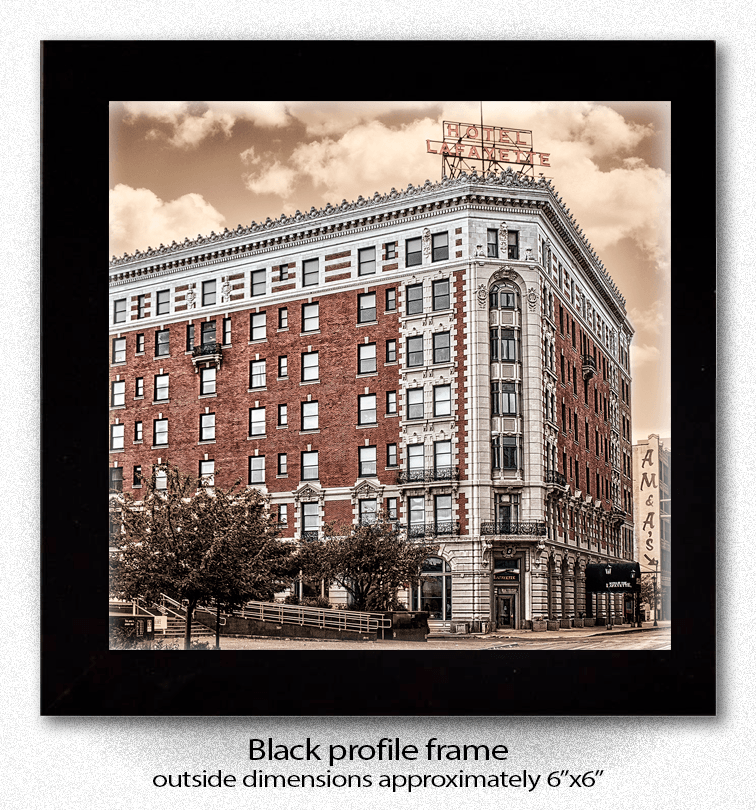 Framed Lafayette Hotel Ceramic Coaster - Unique Decor Coaster with black profile frame, showcasing historic Buffalo architecture.