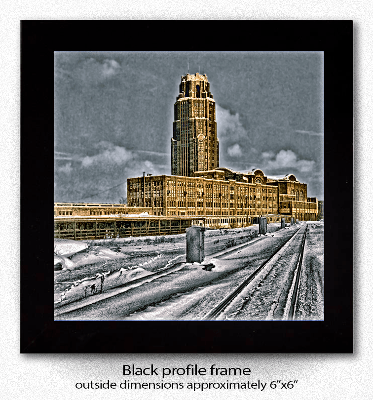Framed Central Terminal ceramic coaster with winter scene, displayed in a black profile frame measuring approximately 6” x 6”.