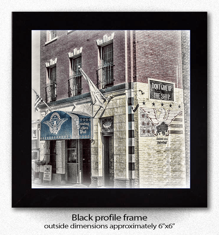 Founding Fathers Coaster - Ceramic Home Decor featuring a vintage-style photo of the Founding Fathers Pub with patriotic flags and signage. Durable and stylish ceramic coaster ideal for protecting surfaces in barware settings.