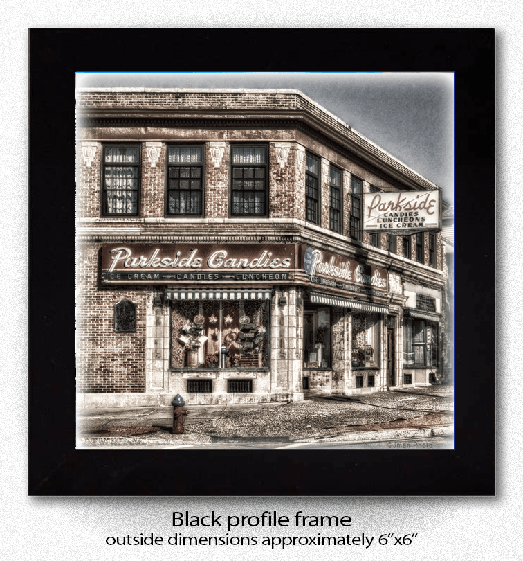 Parkside Candies Coaster - Ceramic Home Decor featuring a vintage photo of Buffalo's Parkside Candies building in a black 6x6 profile frame.