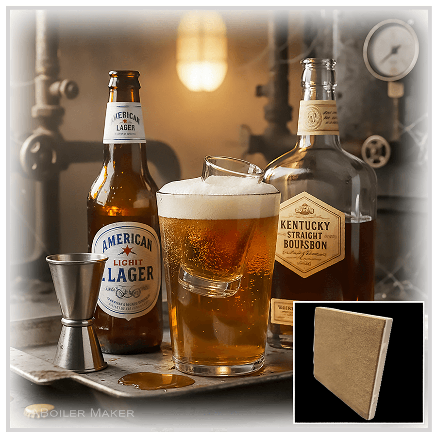 Boiler Maker Ceramic Wall Art - Trivet & Coaster features a rustic bar scene with bourbon, lager, and a foaming beer glass, ideal for bar decor.
