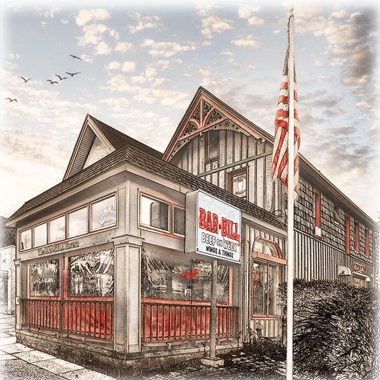 Bar Bill Tavern Coaster - Ceramic Coaster showcasing Bar-Bill Tavern with American flag and vintage architecture, ideal for Buffalo-themed decor.