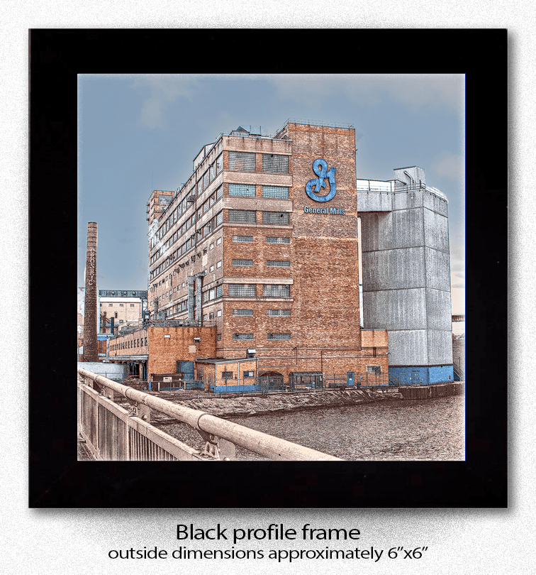 Framed General Mills Ceramic Coaster with black profile frame, featuring Buffalo landmark artwork by Jman Photography.