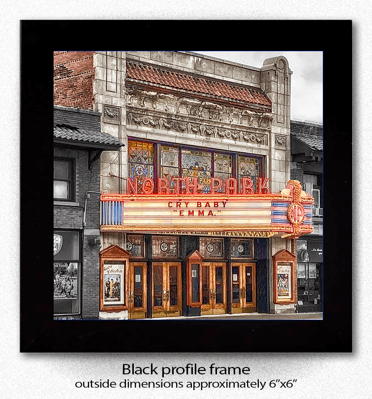 Framed North Park Theatre Ceramic Coaster in black profile frame, approx. 6x6 inches, perfect for display in home or office settings.
