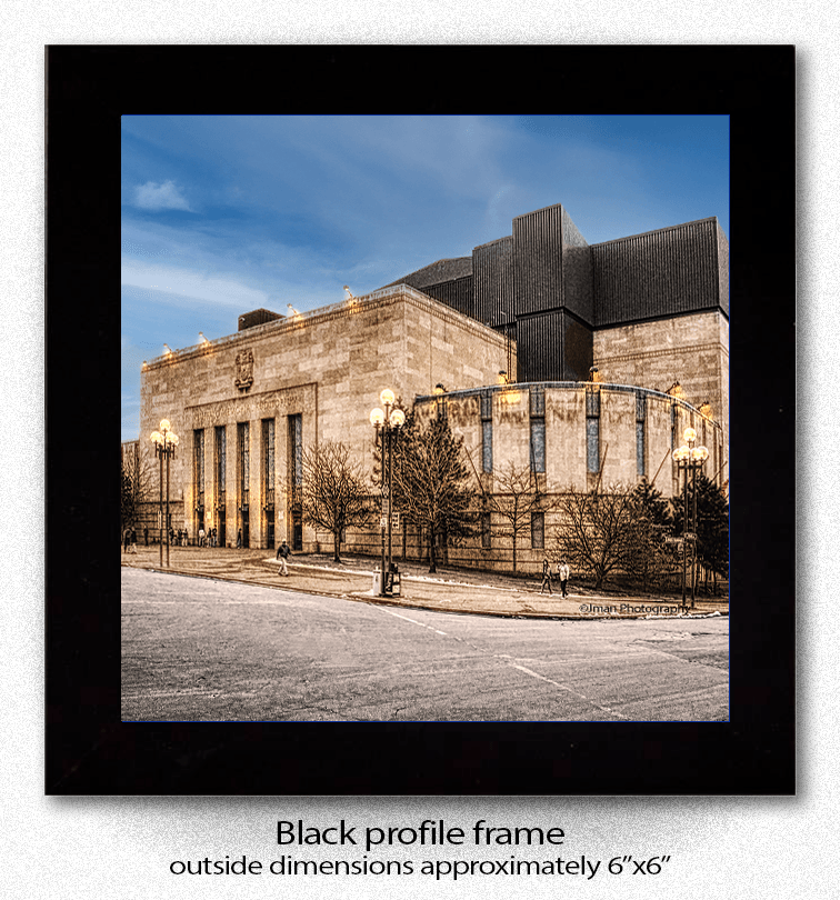 Framed Memorial Auditorium ceramic coaster print in black profile frame, perfect for collectors of Buffalo architecture and unique home decor.