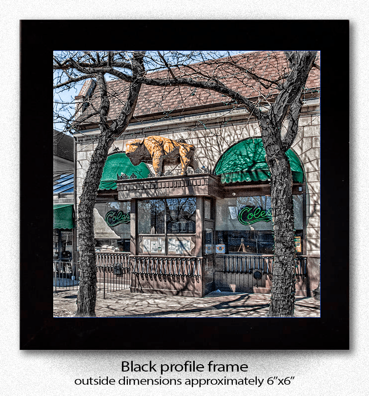 Framed Coles Ceramic Coaster with Coles Bar image, black profile frame measuring approximately 6x6 inches, great for display or gifting.