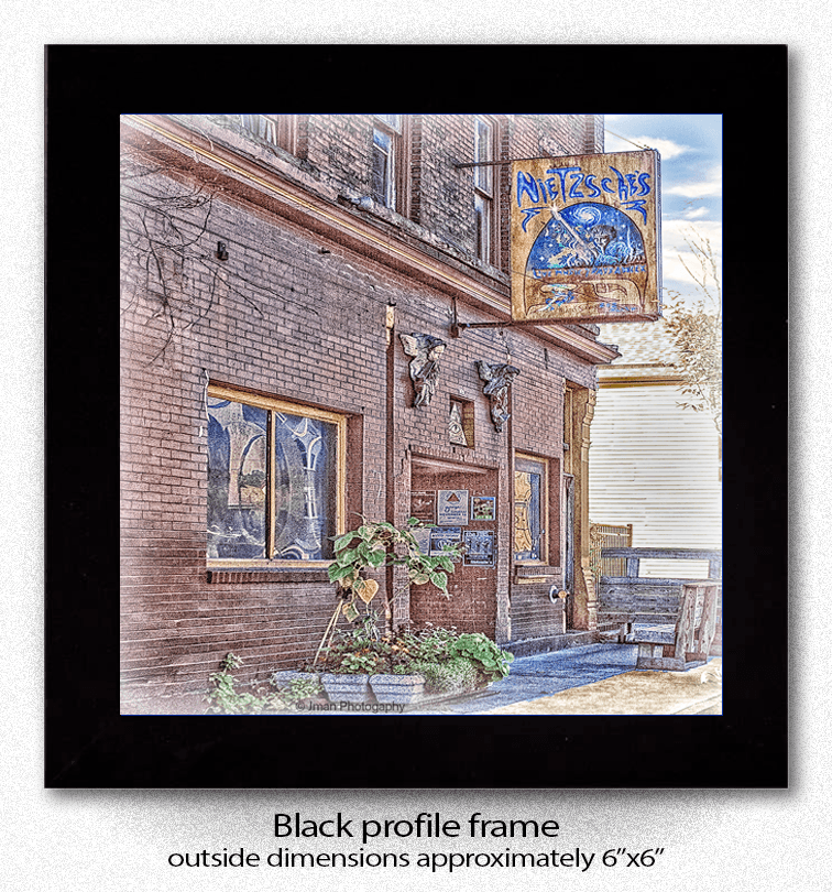 Nietzsche Ceramic Coaster displayed in a black profile frame with 6x6 inch dimensions, highlighting its artistic Buffalo architecture design.