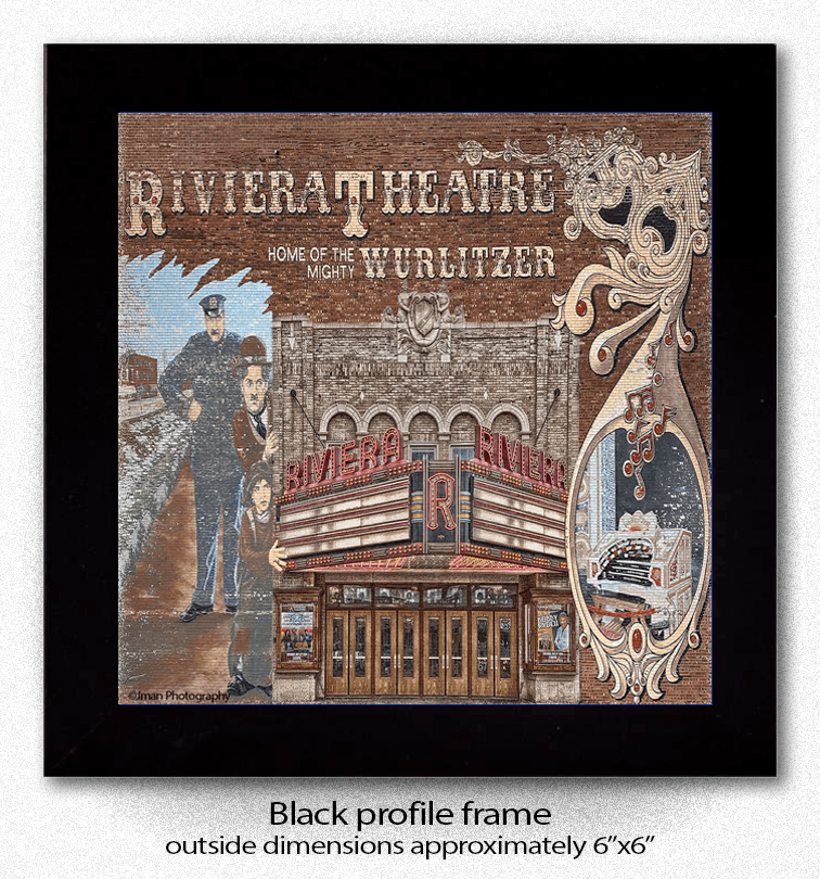 Framed Riviera Theatre Coaster - Ceramic|Cork Back, 4x4 inches displayed in a 6x6 inch black profile frame, ideal for home decor or gifting.
