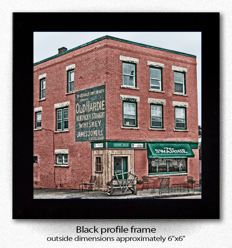 Framed Swannie House Ceramic Coaster with Buffalo architecture photo, displayed in black profile frame, ideal for decor or gifting.