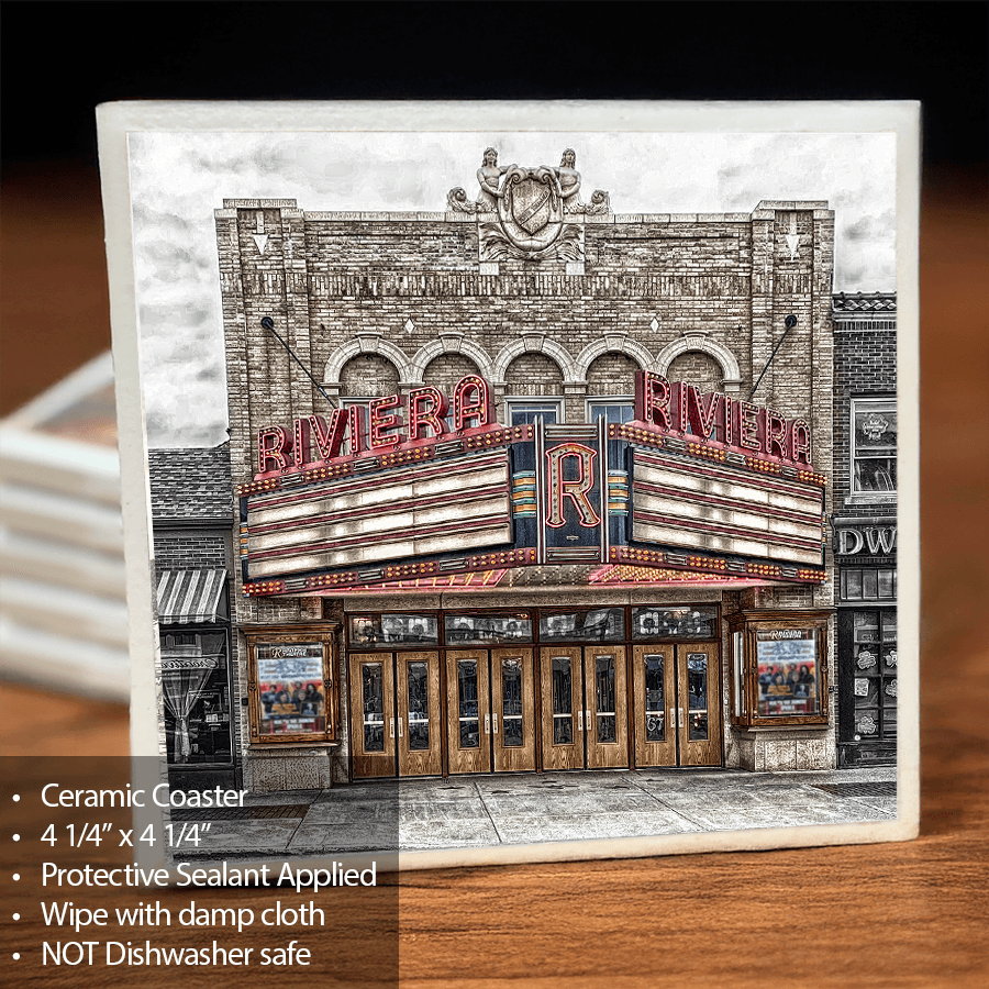 Riviera Theatre Ceramic Coaster featuring a vivid image of the historic marquee with cork backing, perfect for Buffalo-themed home decor.
