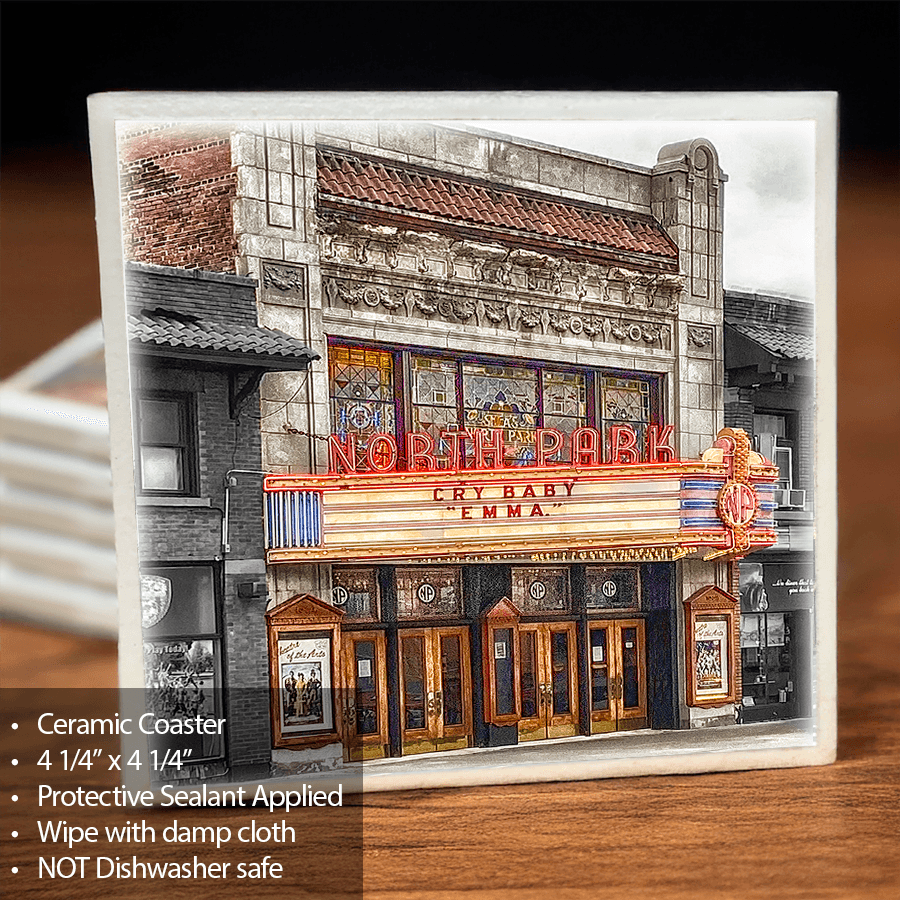 Ceramic Coaster - North Park Theatre design with vibrant marquee, protective sealant, and cork backing. Ideal for Buffalo architecture lovers.