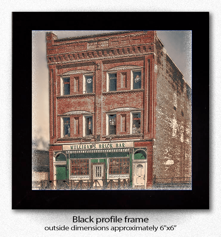 Framed Mulligans Ceramic Coaster with black profile frame, showcasing historic Buffalo architecture. Frame dimensions approximately 6x6 inches.