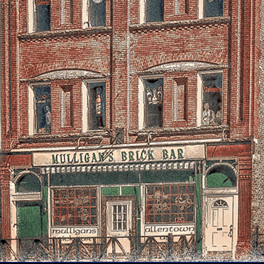 Framed Mulligans Ceramic Coaster with black profile frame, showcasing historic Buffalo architecture. Frame dimensions approximately 6x6 inches.