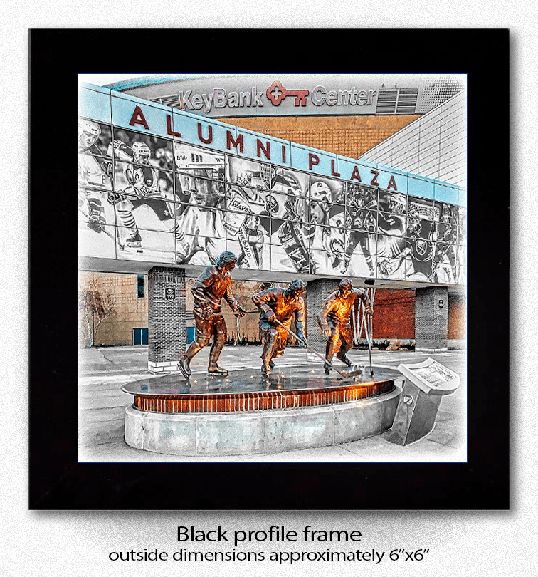 Framed version of French Connection Ceramic Coaster artwork featuring Buffalo’s Alumni Plaza, available in black profile frame, approx. 6” x 6”.