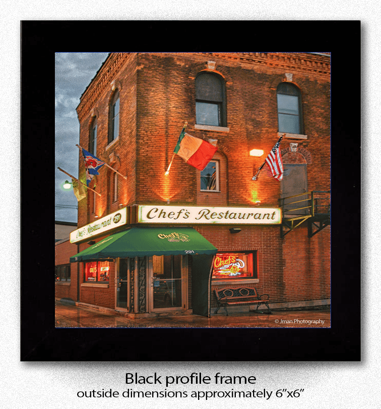 Framed ceramic coaster print of Chef's Restaurant, displayed in a black profile frame measuring approximately 6x6 inches for home decor.