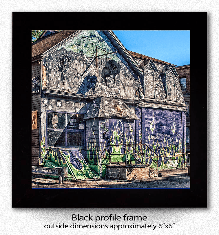 Framed Old Pink Ceramic Coaster print of Buffalo landmark mural in black profile frame, approx. 6”x6”. Great for wall or shelf display.