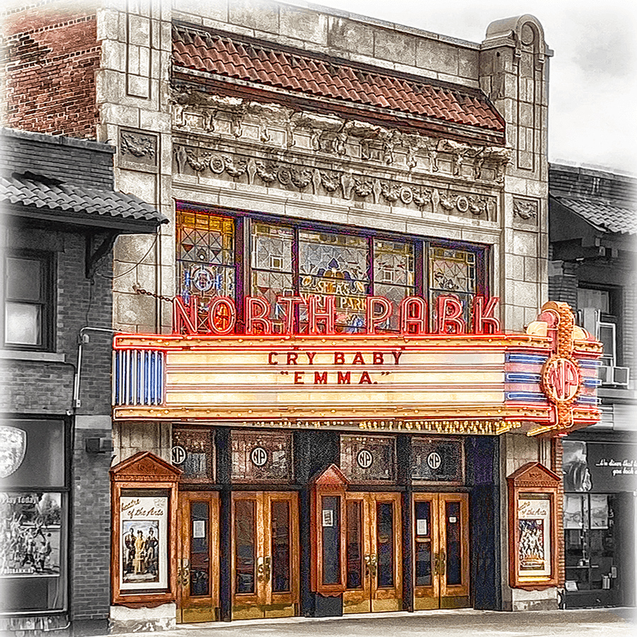 Close-up of North Park Theatre Ceramic Coaster showcasing detailed Buffalo landmark artwork and colorful marquee for stylish home decor.