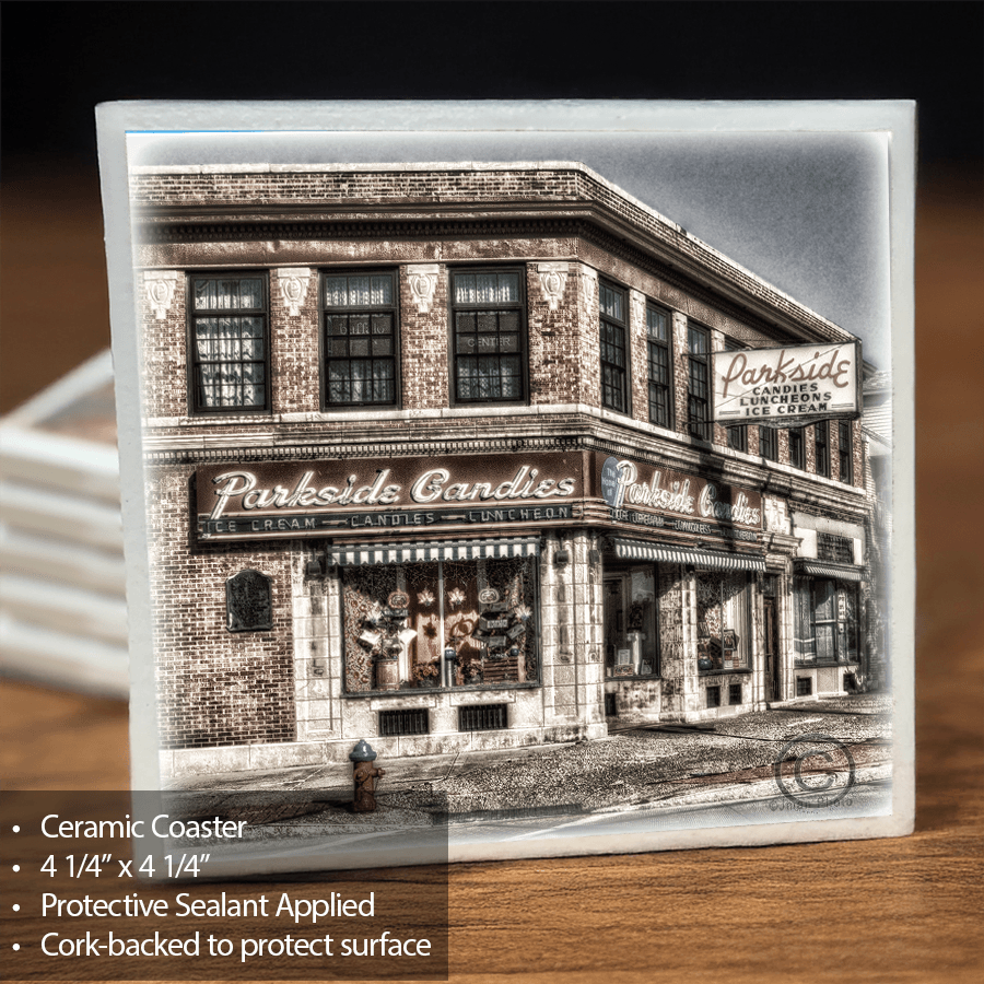 Parkside Candies Coaster - Ceramic Home Decor featuring a vintage Buffalo landmark. Durable, cork-backed and sealed for surface protection.