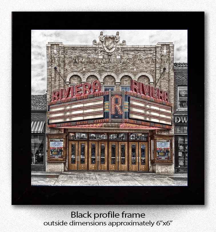 Framed Riviera Theatre Ceramic Coaster print with black profile frame, a stylish decor piece for Buffalo architecture enthusiasts.