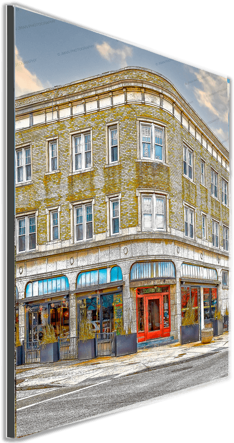 Stylish Colter Bay wall art in 3D display, showcasing Buffalo NY bar facade with vintage charm. Available in 5 sizes for home or bar decor.