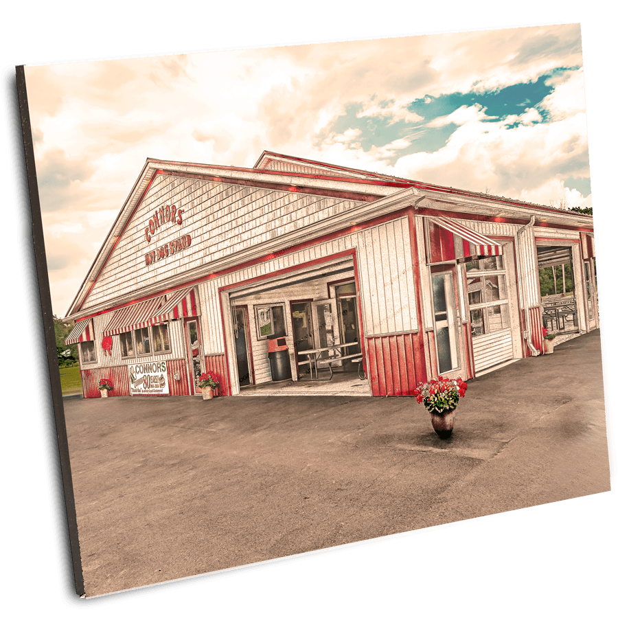 Mounted print of Connors Hot Dog Stand - Photo | Iconic Visual Treat, showcasing the classic roadside eatery in a ready-to-hang format.