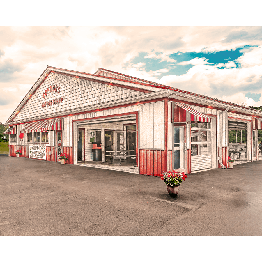 Connor’s Hot Dog Stand with red and white striped awnings. Highlighted in Collage of Magnets - Colorful Acrylic Magnet | 60 Images.