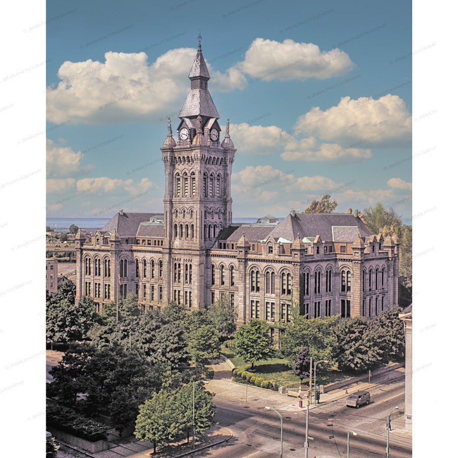 County Hall Buffalo Photo - Historic NY Landmark featuring Erie County Hall's Romanesque Revival architecture and iconic clock tower in Buffalo, NY.