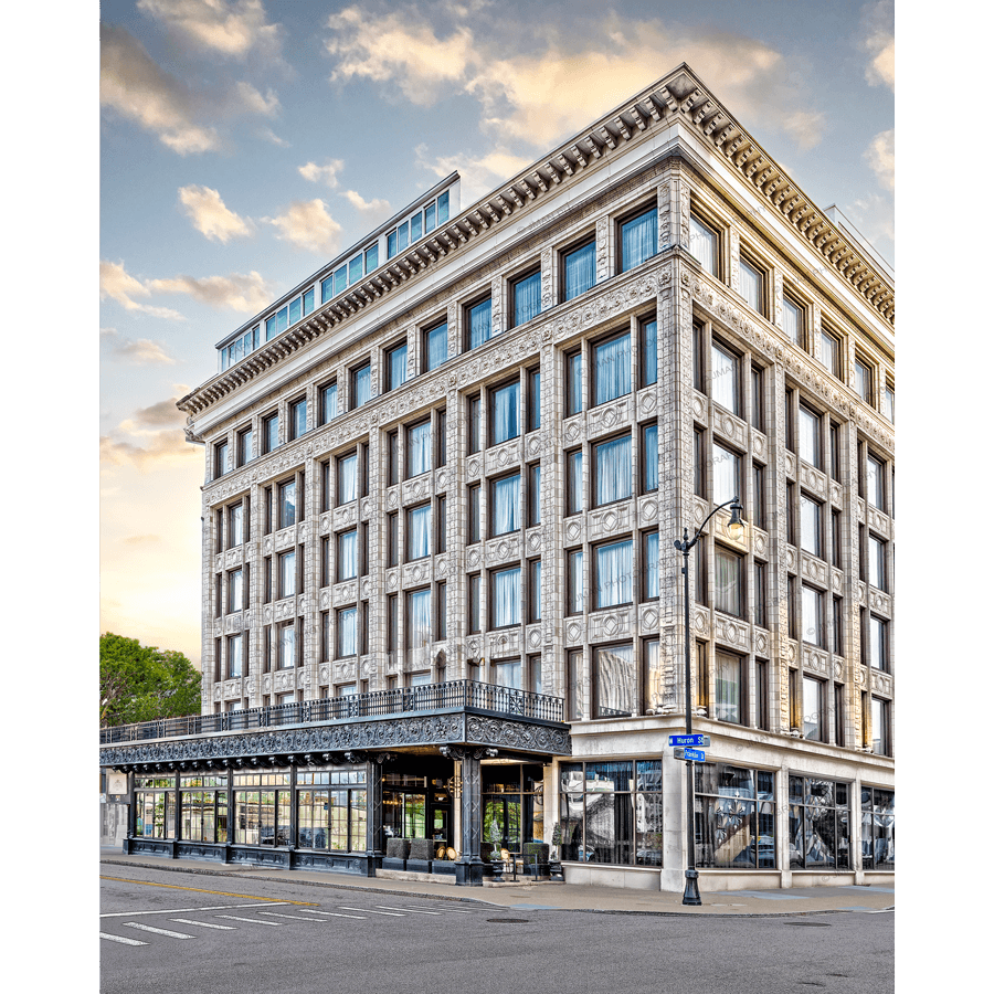 Curtis Hotel in Buffalo NY captured at sunset, showcasing luxury architecture and rooftop elegance for home decor wall art.