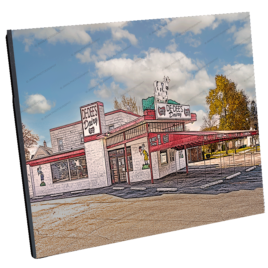 DEDEE's Dairy Ice Cream stand in Buffalo NY with retro signage and cow statue, featured in large wall art print for home or garden decor.