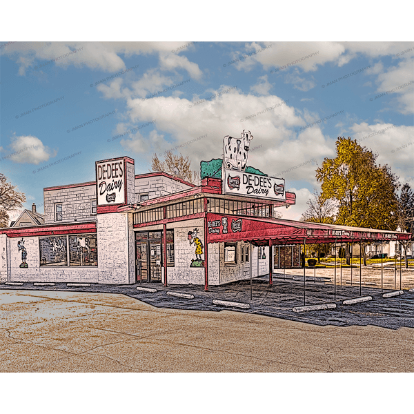 De-Dees Dairy Magnet - Add Flair to Metal Surfaces | Vibrant Image of retro-style De-Dees Dairy building with cow statue, perfect for fridge decor.