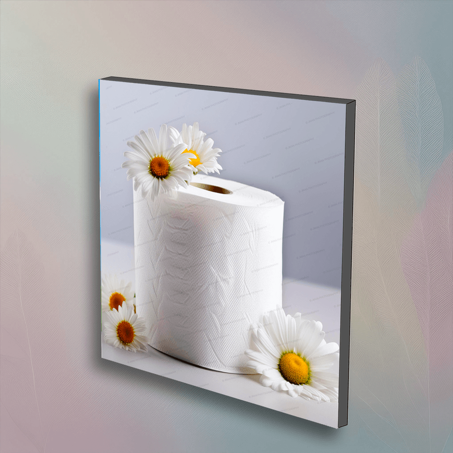 Daisy's Toilet Paper Art - Unique Wall Decor | 6"x6" Ready, featuring a roll of toilet paper adorned with daisies on a mounted square panel.