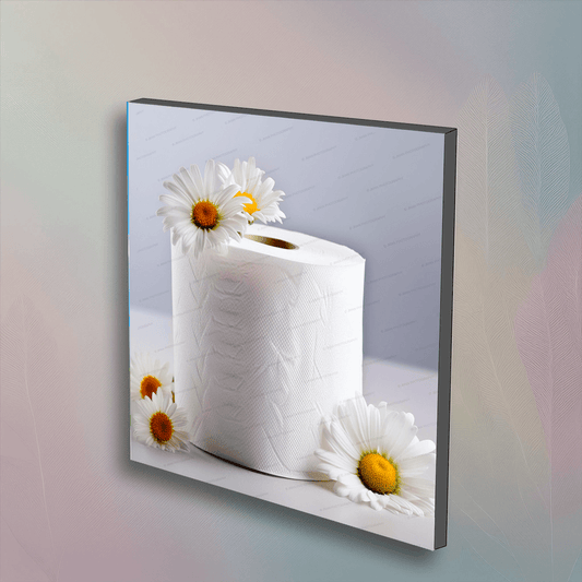 Daisy's Toilet Paper Art - Unique Wall Decor | 6"x6" Ready, featuring a roll of toilet paper adorned with daisies on a mounted square panel.