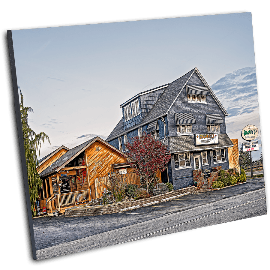 Danny's South restaurant in South Buffalo, across from Buffalo Bills Stadium, captured in a vibrant photo print by Jman Photography. Ideal wall art for fans of Buffalo landmarks.