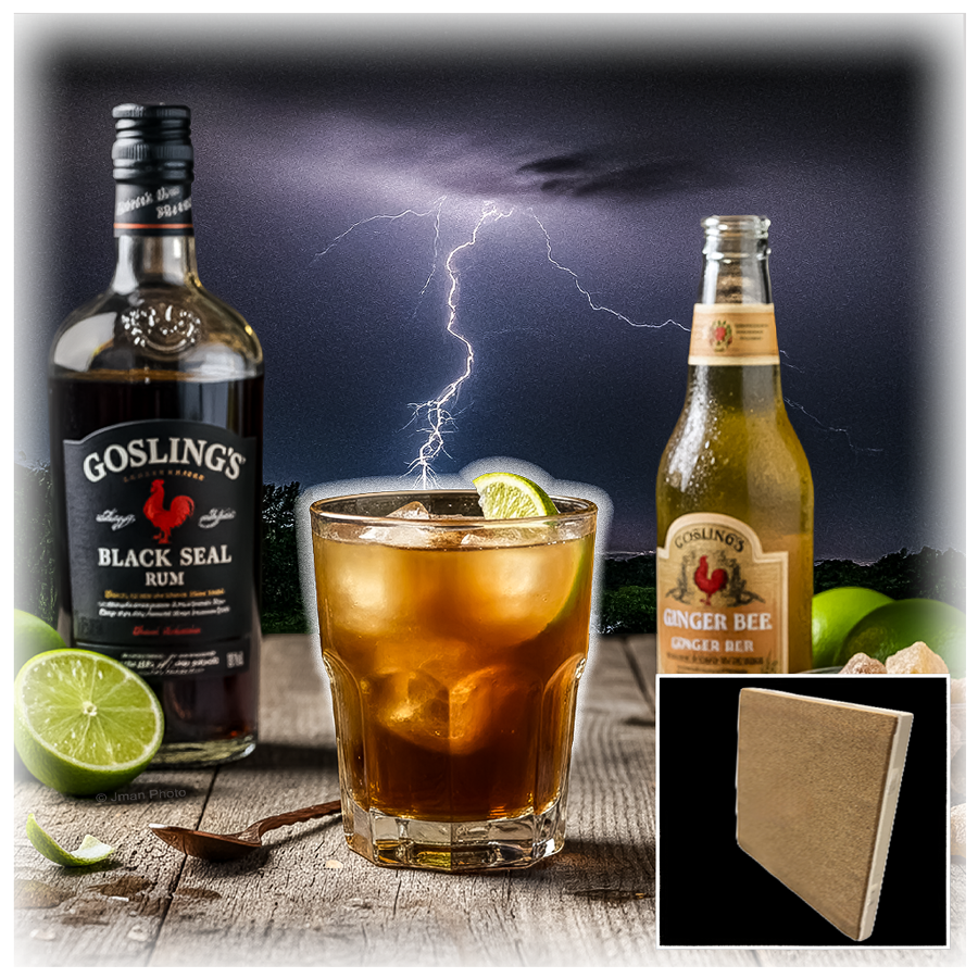 Durable ceramic trivet with Dark and Stormy Cocktail artwork, cork backing shown for surface protection. Great for home bar settings.