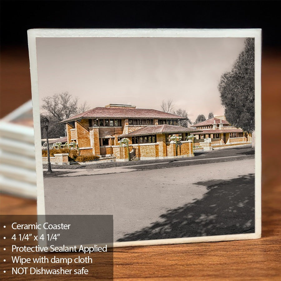 Darwin Martin House Coaster - Ceramic Coaster with cork backing featuring a sepia-toned image of the historic Buffalo landmark. Measures 4 1/4 inches square.