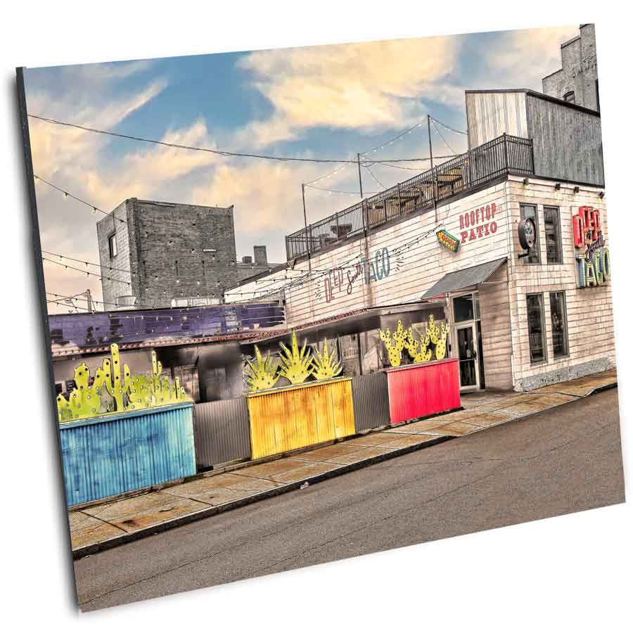 Angled Deep South Taco print from Buffalo NY collection, showcasing colorful urban restaurant scene. Perfect decor for kitchen or dining space.